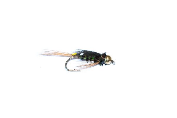 Fish Fishing Flies branded UK quality trout flies. Diawl Bach Green Holographic Goldhead Nymph.