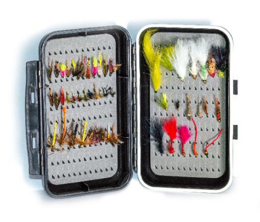 Fishery Fly Selection in a waterproof  ABS Plastic Moulded Fly Box ( holds 240 standard flies)