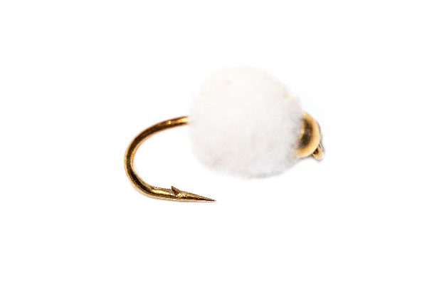 One of our top selling flies, Gold Nugget White Crystal Egg